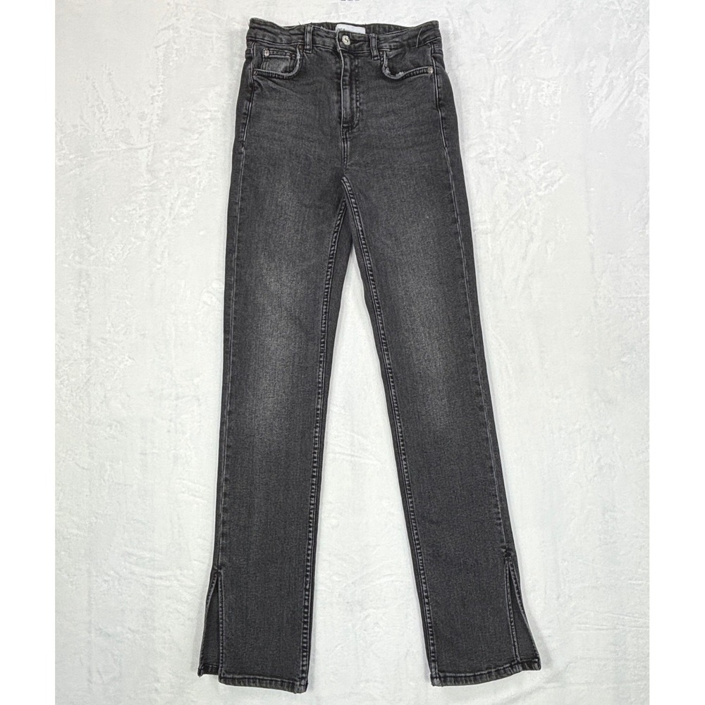 Zara Women's Washed Black Slim Straight Split Hem Tall Jeans USA 4 (26x31.5)
